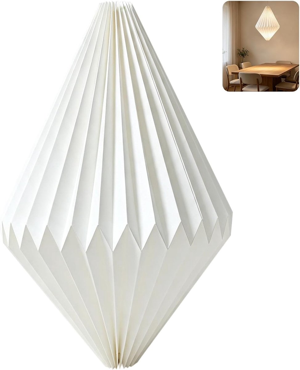 Moderne Vouwbare Papieren Lampenkap voor Woonkamer, Eetkamer en Slaapkamer - 13x40cm Diamantvormige Hanglamp E27 in Wit