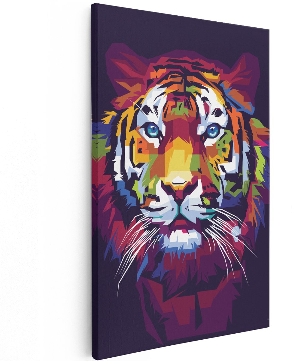 Artaza Canvas Schilderij Kleurrijke Tijger - Abstract - 120x180 cm - Groot - Wanddecoratie Woonkamer - Schilderijen - Muurdecoratie