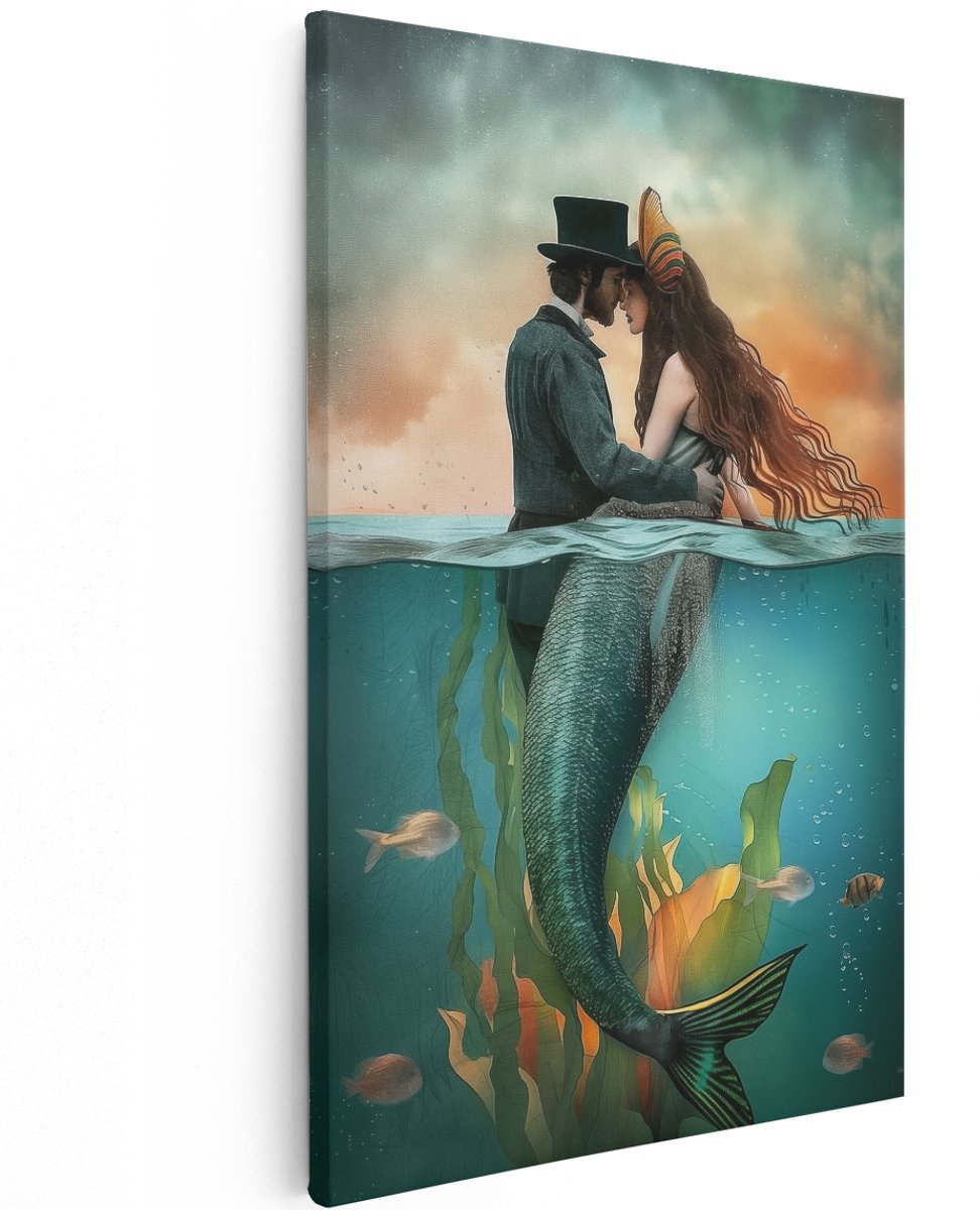 Artaza Canvas Schilderij Zeemeermin Kust een Man met Hoge Hoed - 120x180 cm - Groot - Wanddecoratie Woonkamer - Schilderijen - Muurdecoratie