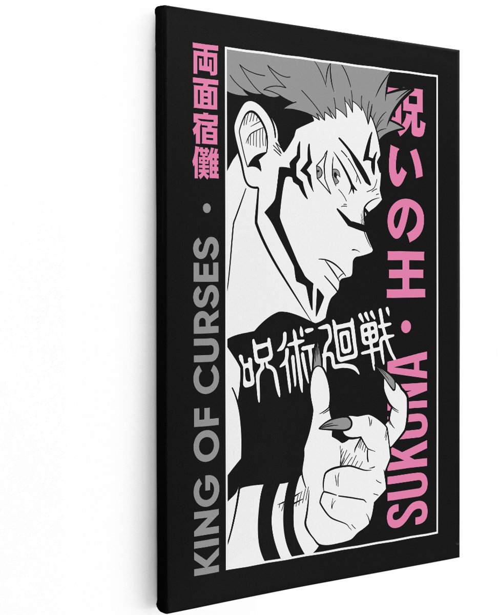 Artaza Canvas Schilderij Sukuna - 120x180 cm - Groot - Anime Wanddecoratie Jujutsu Kaisen - Muurdecoratie Zwart Wit - Decoratie Slaapkamer Roze