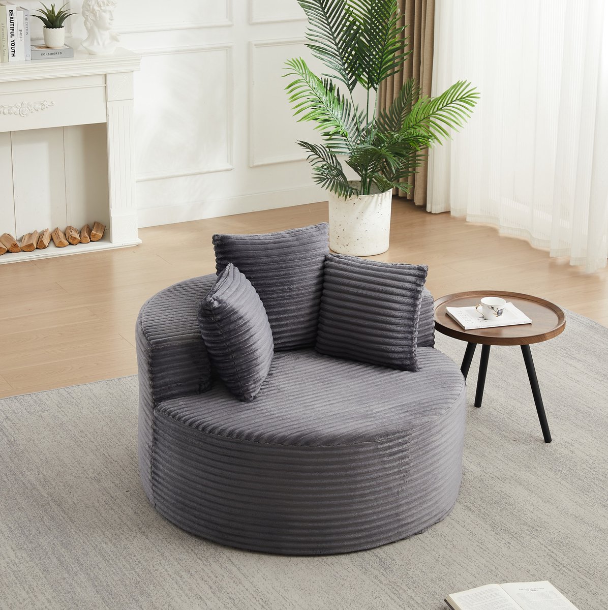 REDOM - Fauteuil - Rond design - Brede armleuningen - Met 3 kussens - Minimalistische stijl - Woonkamer, slaapkamer of speelkamer - Corduroy - Grijs - 110 x 82 cm