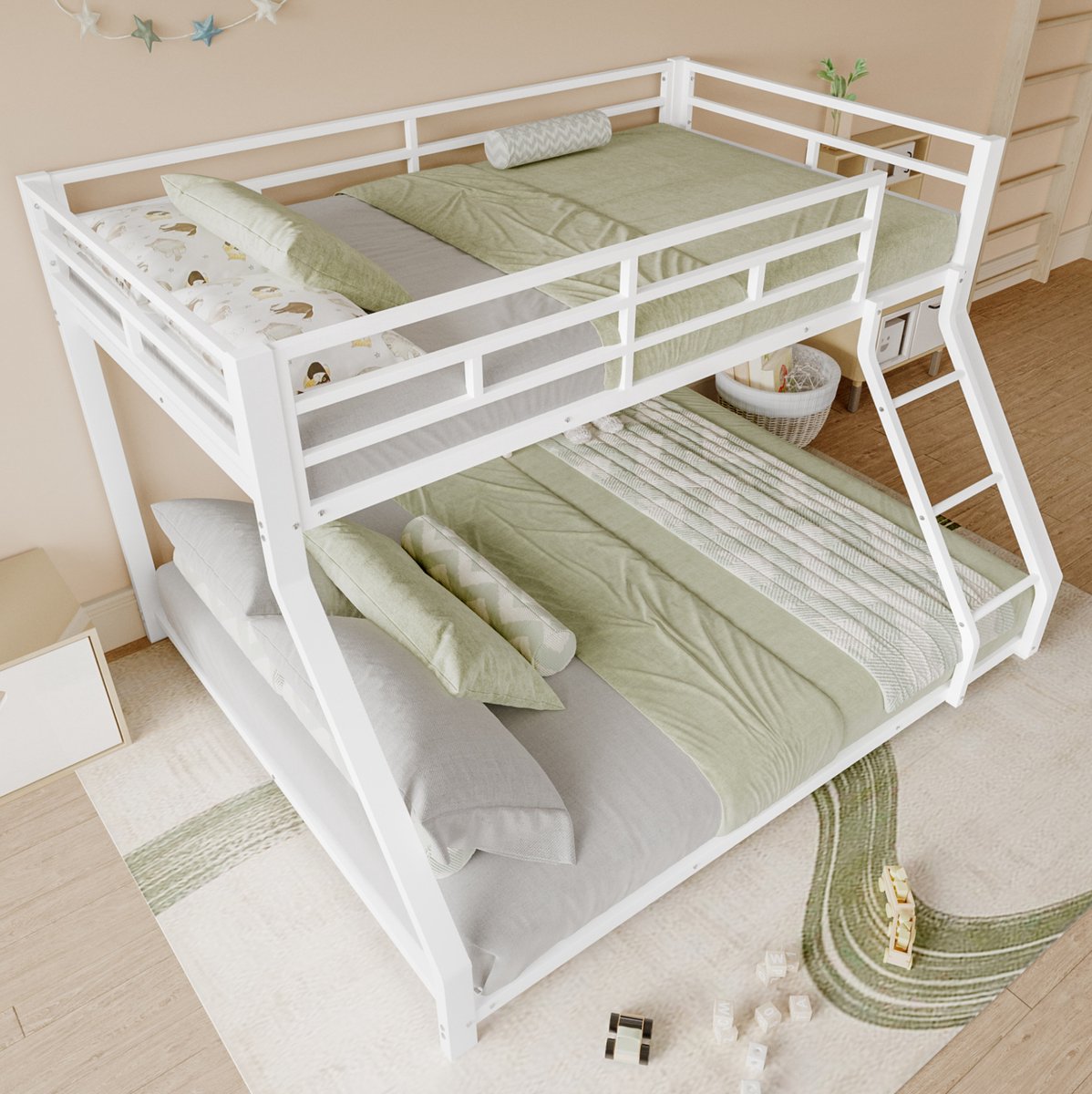 Wishdor Stapelbed 90x200 cm / 140x200 cm - Met ladder en veiligheidshek - EN747 gecertificeerd - Kinderkamer - Metalen frame - Wit