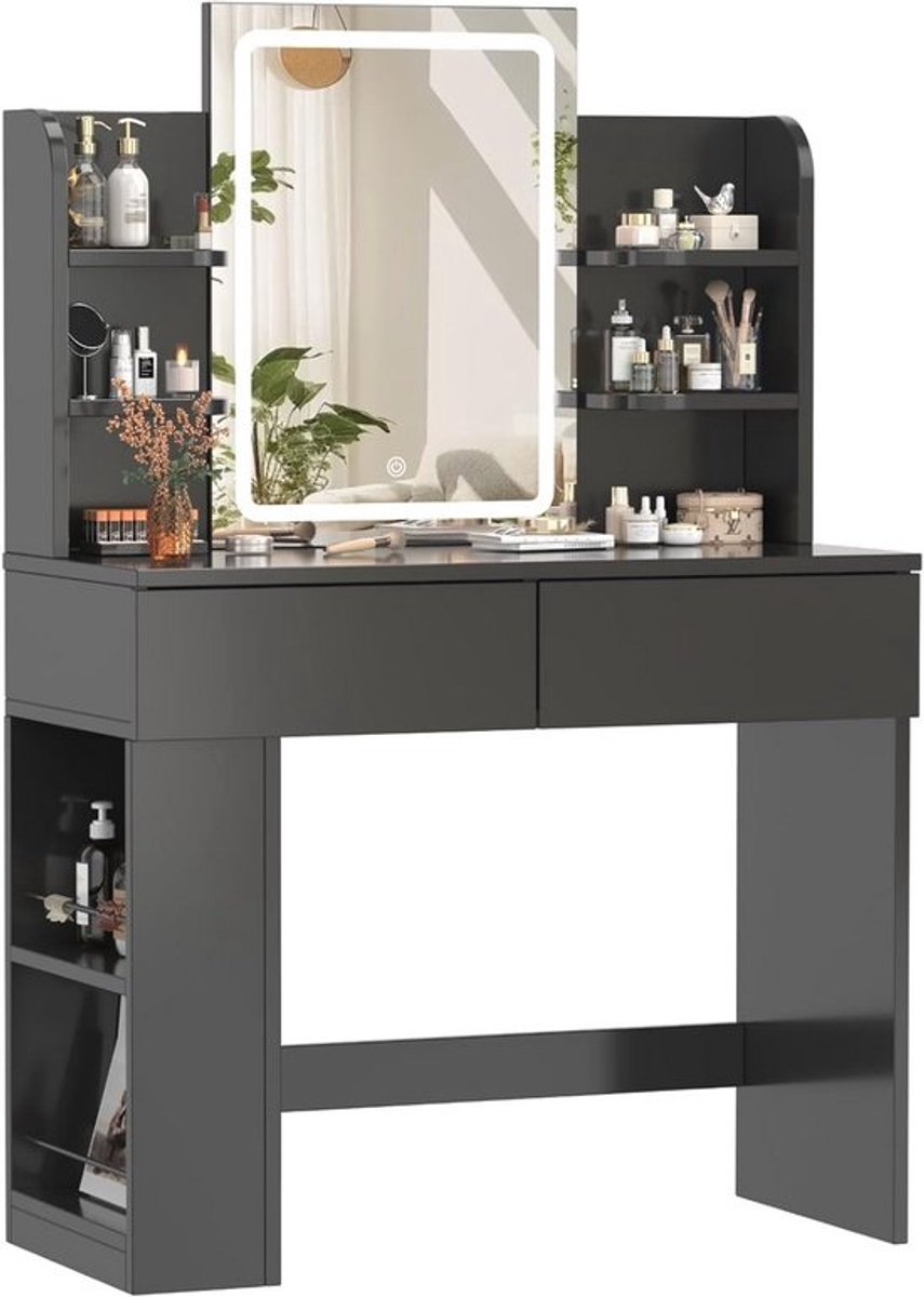 Moderne Kaptafel met Spiegel en Verlichting - Makeup Tafel met 2 Lades en 4 Planken (90 x 40 cm)