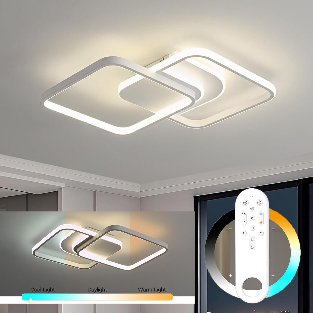 Amdelne LED Plafondlamp - Wit - 45W - Luxe Plafonniere - Dimbaar 3000K-6500K - Met Afstandsbediening - Slaapkamer Plafondlamp - Voor woonkamer | Eetkamer