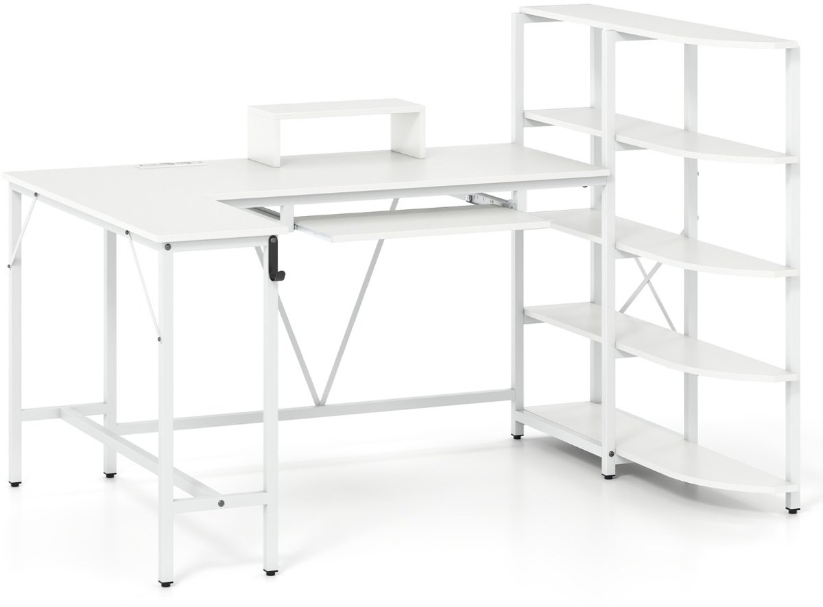 SureDeal® - L-Vormig Bureau met Oplaadstation & Opbergvakken - Hout & Metaal - 160x108x109,5 cm - Wit - Hoektafel