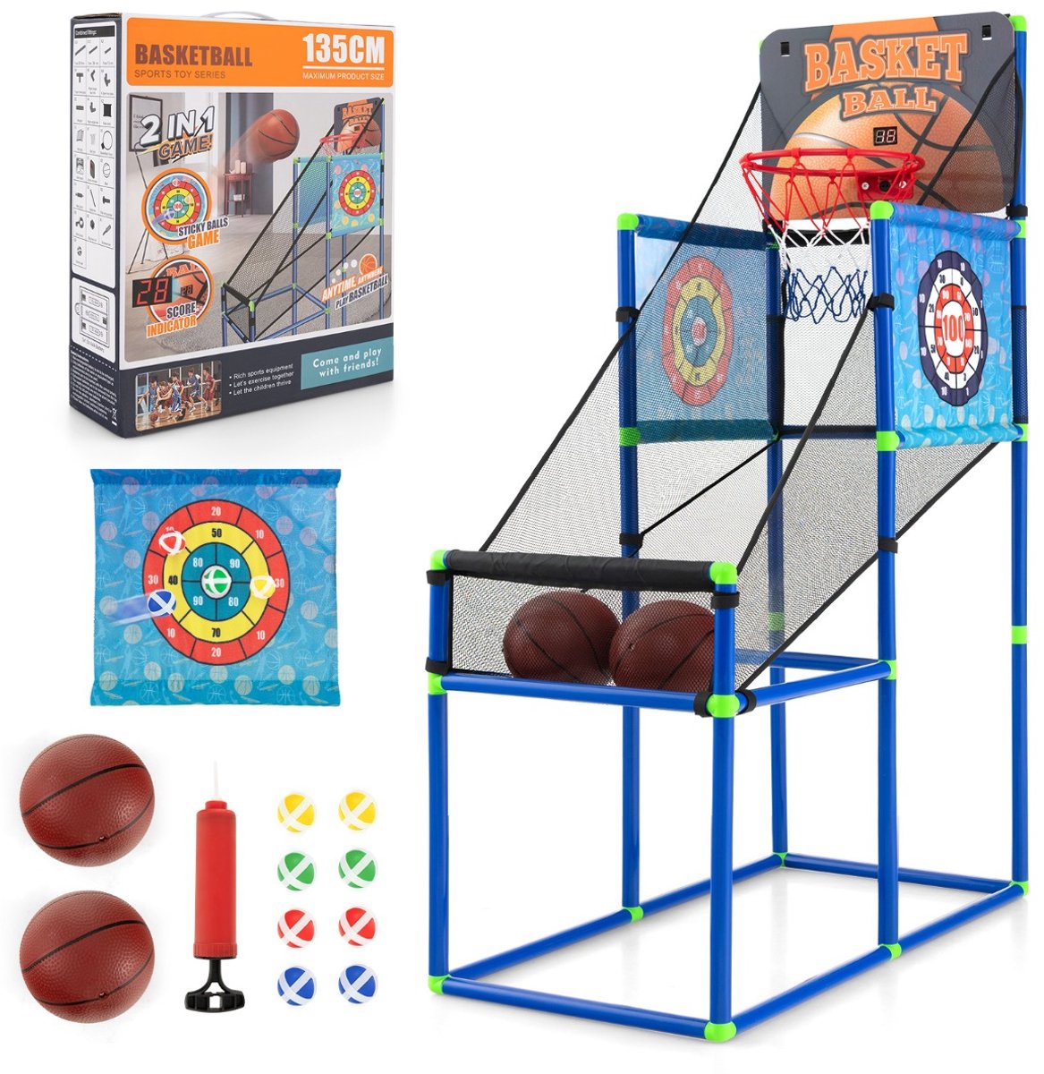 SureDeal® - Speelkamer - Basketbalspeelset - Scorebord - Geluidseffect Basketbalkorf - Basketballen Pomp Doelschijven - 80,5x41,5x135 cm - Blauw