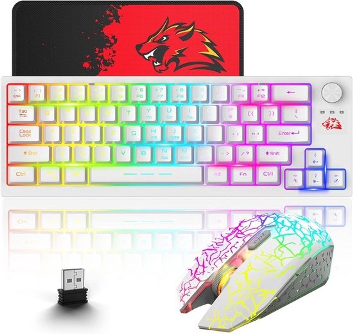 Draadloos gaming-toetsenbord en muis combo met RGB verlichting en oplaadbare batterij - Compatibel met PC, PS4, PS5, Laptop - Wit