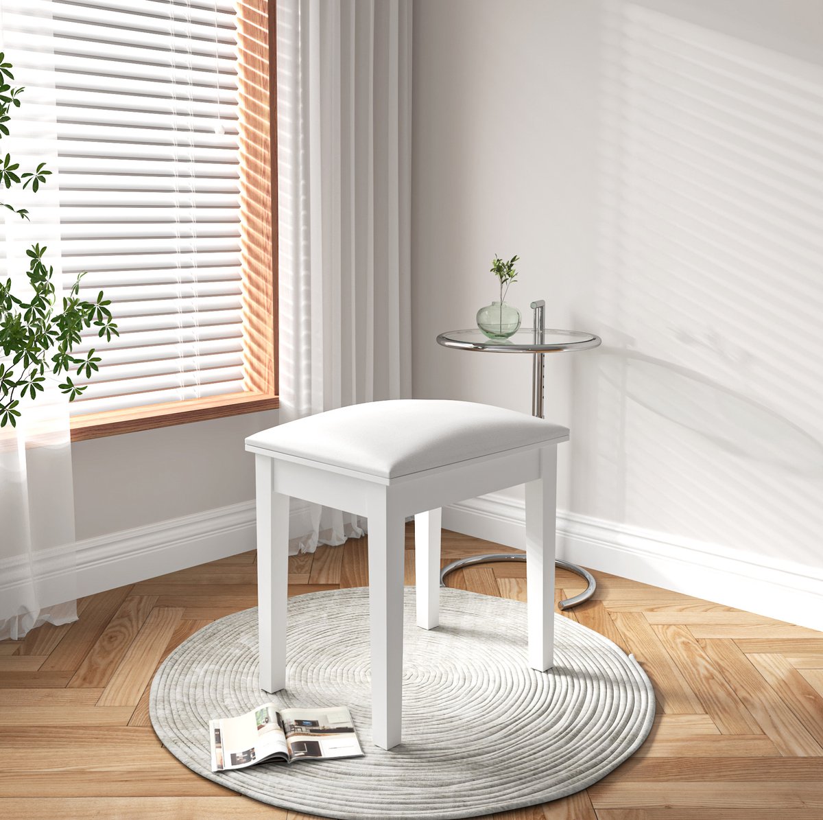 REDOM - Hocker - Gewatteerd zitvlak - Vier houten poten - Zonder opbergruimte - Voor binnen - Kunstleer - Wit - 43 x 33 x 45 cm