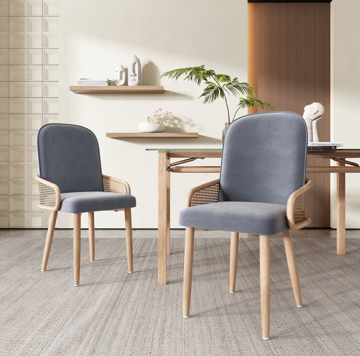 Wishdor Eetkamerstoel set van 2 - Met armleuningen en hoge rugleuning - Rotan design met metalen vierpoot - Woonkamer slaapkamer eetkamer - Velvet - Grijs