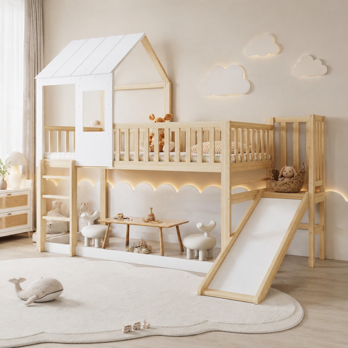 Wishdor Stapelbed 90x200 cm - Met glijbaan en trap - Huisvorm met dak en venster - Ruimtebesparend en veilig - Voor kinderkamer - Hout en MDF - Naturel en wit
