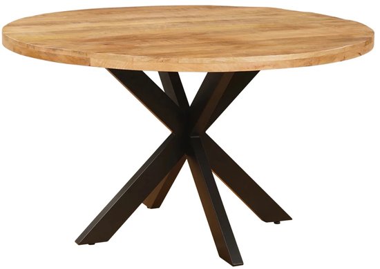 Complete ronde eettafel met naturel bruin mangohouten blad en een zwart stalen matrix onderstel.