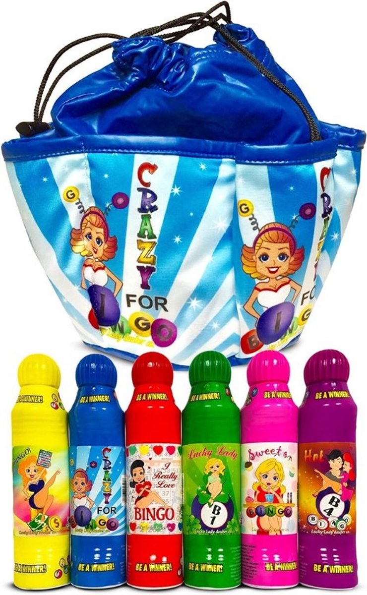 Blauwe Bingotas met 6 Kleurrijke Bingo Stift Set - Compleet Cijfer Bingo Accessoires