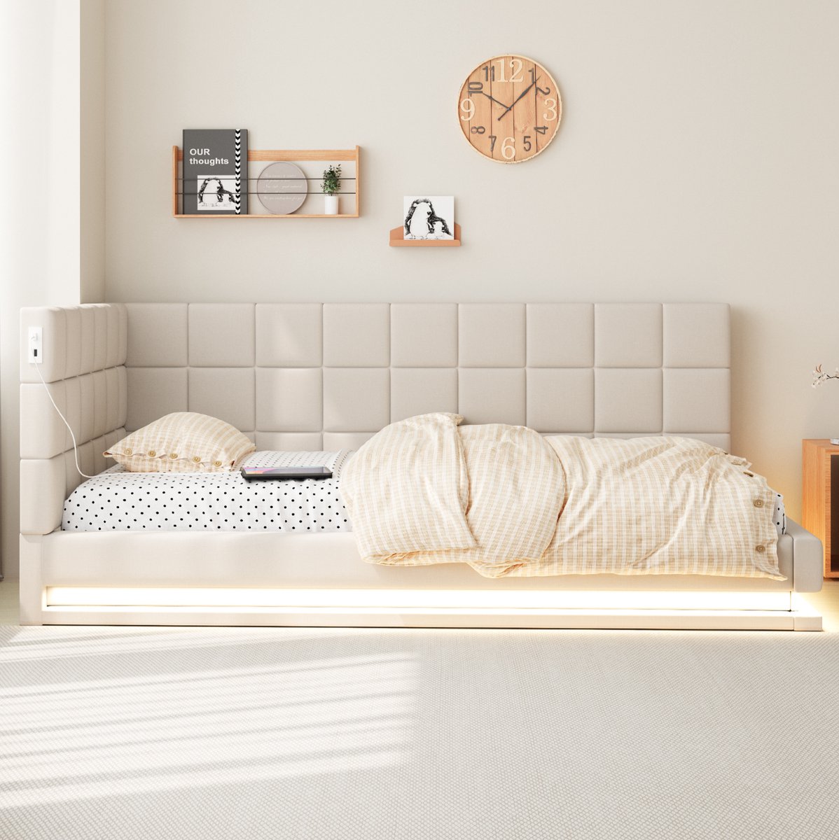 Wishdor Slaapbank 90x200 cm - Gestoffeerd design - LED verlichting en USB-aansluiting - Lattenbodem - Slaapkamer - Stof, MDF en hout - Beige - Zonder matras