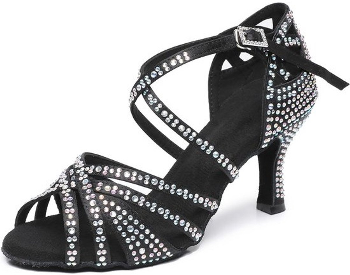 Dames Latijnse Dansschoenen met Strass Stenen - Zwart Ballroom Salsa Tango - Keuze uit 5 of 7 cm Hak