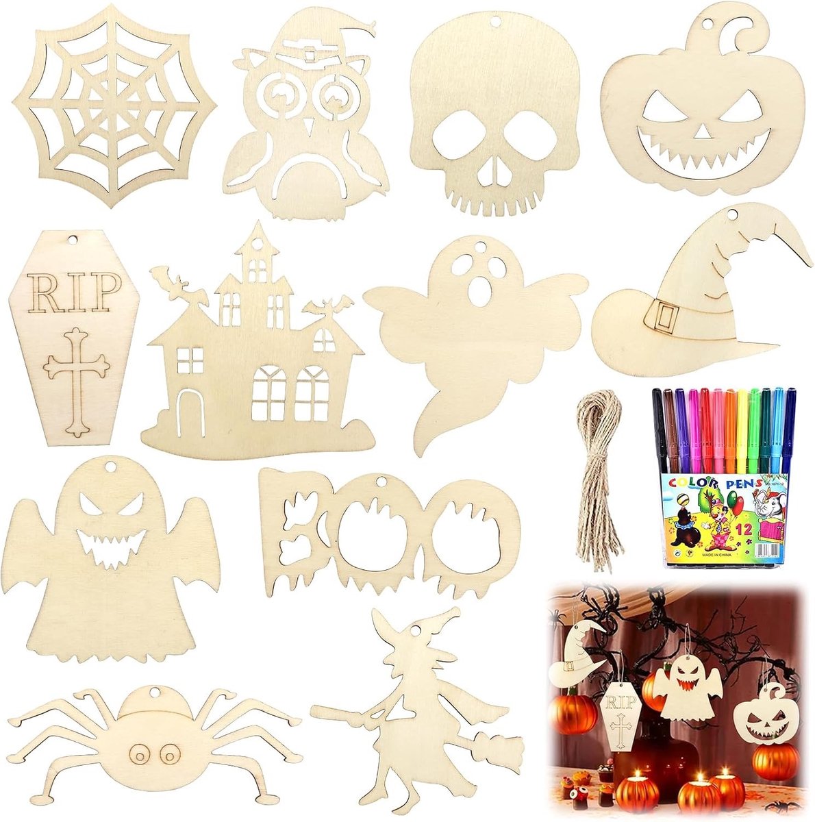 Houten knutselset voor Halloween met 24 delen, 12 stijlen, pompoenen, waterverf en touw voor kinderen vanaf 6 jaar