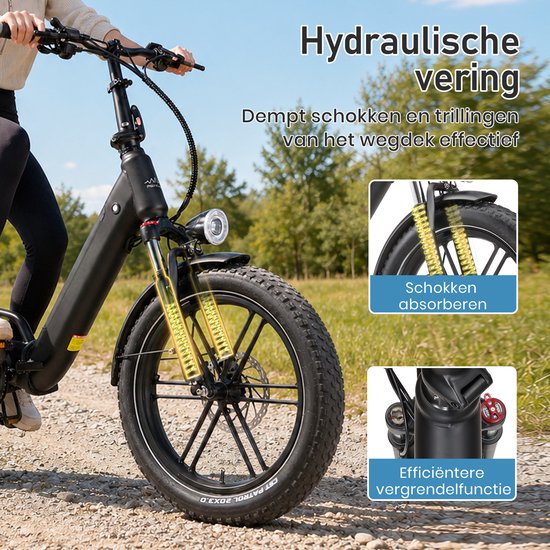 Maxtron Ilex Elektrische Vouwfiets - 20×3.0 inch Brede Banden - 146 km Actieradius - 48V 14,4Ah Accu - 691,2Wh - Hydraulische Schijfremmen - Shimano 7 Versnellingen - Zwart van Maxtron — afbeelding 3
