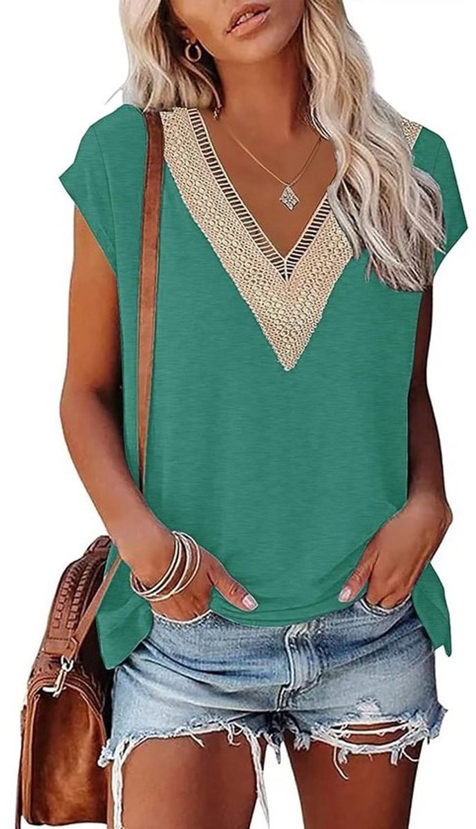 Dames T-shirt met Kanten V-hals - Zomer Top Korte Mouw Losse Pasvorm