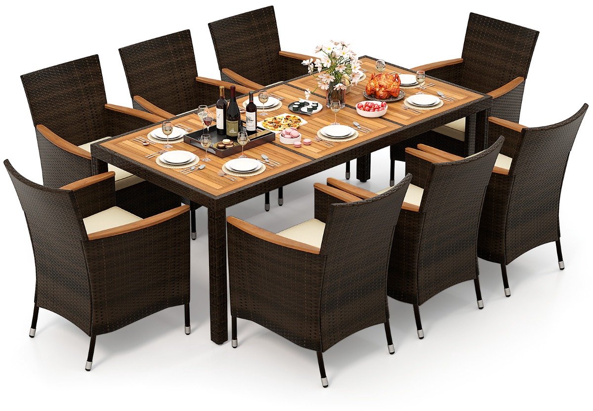 SureDeal® - Loungeset - Luxe Tuinset - 9-Delig - Inclusief Kussens - 8 Personen - Stapelbare Stoelen - Acaciahout - Zwart - Bistroset - Tuinstoelen - Tuintafel - Tuinmeubel