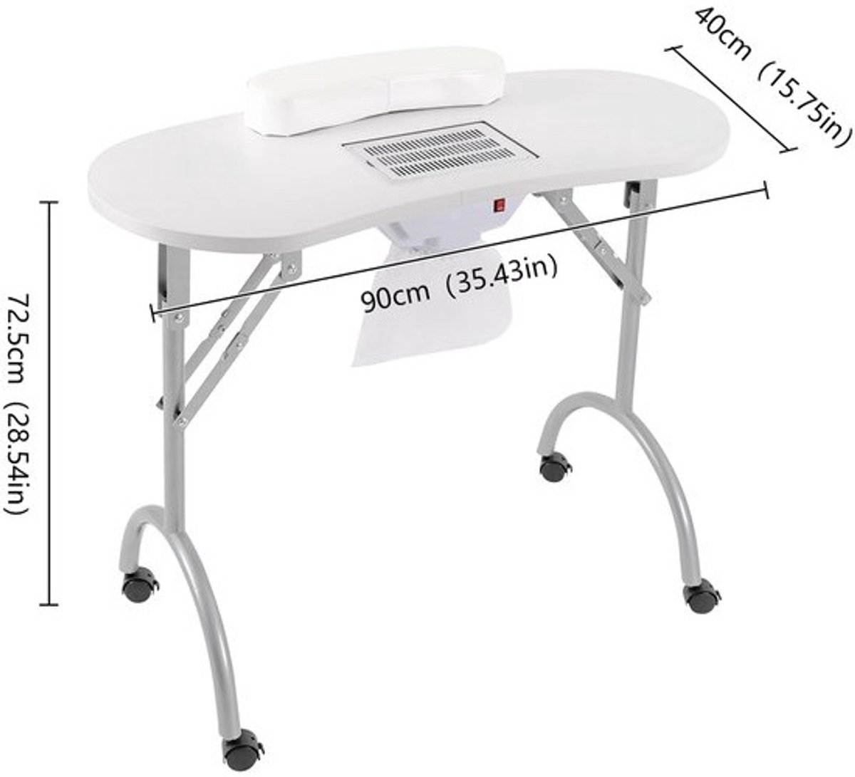 Mila Shop Manicuretafel - Bureau - Nageltafel - Inklapbare tafel - Met wielen - Met afzuiging - Met steun kussen - Wit - 90x40x72.5cm