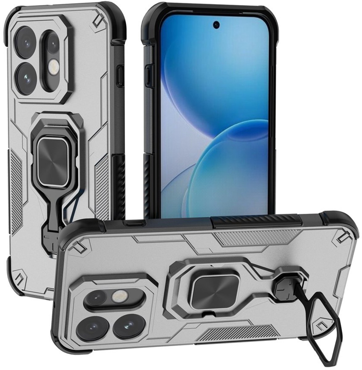 MobyDefend Hoesje - Geschikt voor Oppo Reno16 - Dubbelgelaagde Pantsercase Met Standaard - Zilvergrijs