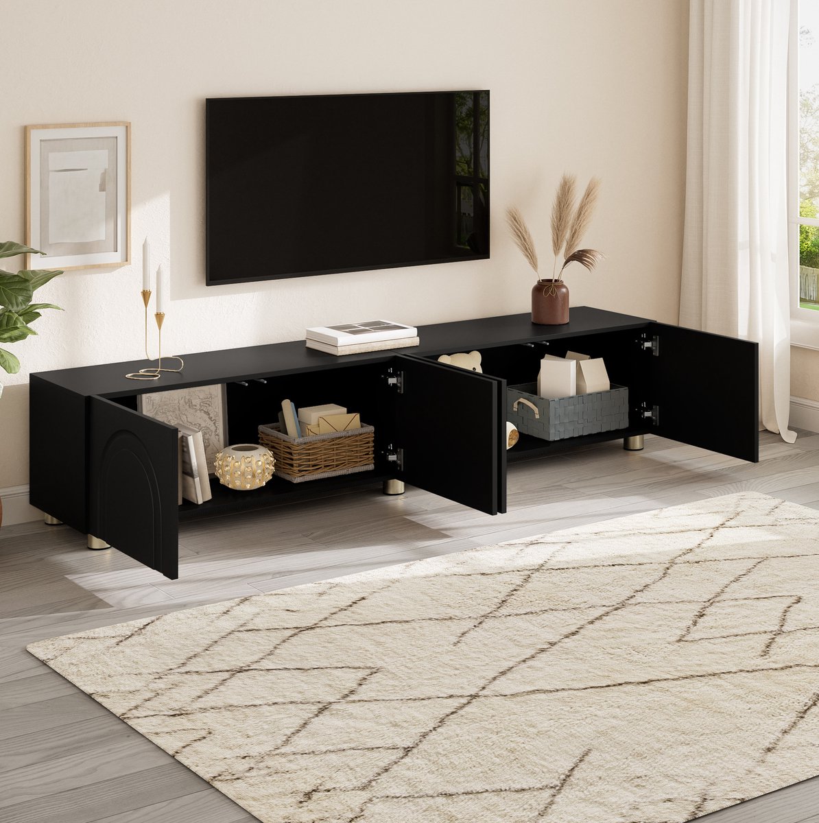 MODFU - TV Meubel - Lowboard - 4 Deuren - Zwart - MDF