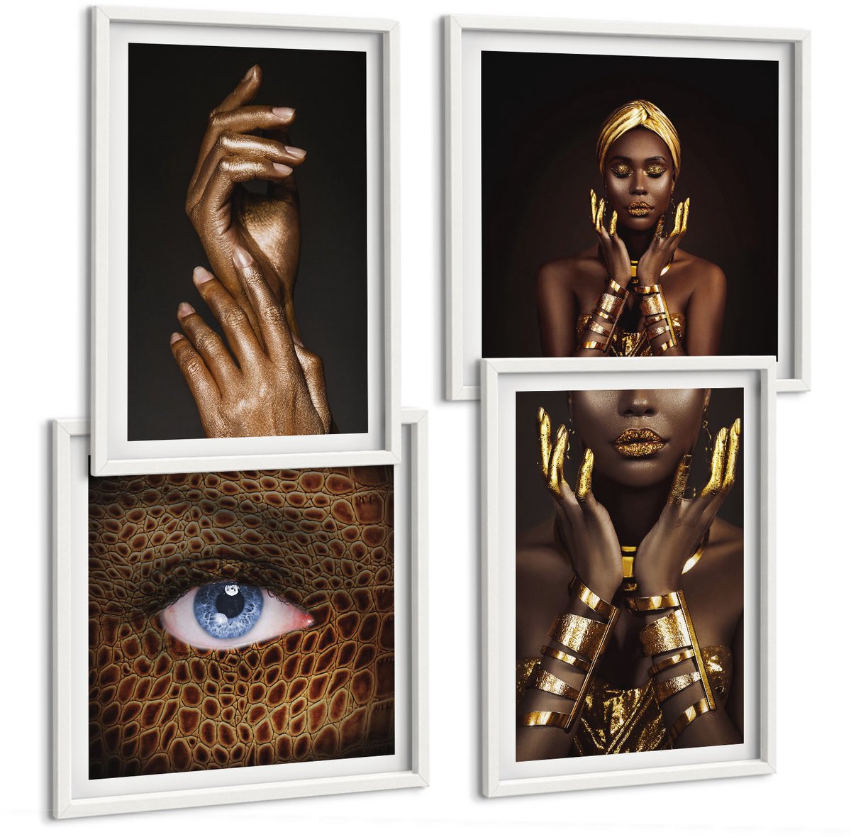Wallfluent 4-Delige Schilderij Set - Elegante Portretten Van Een Afrikaanse Vrouw - 40 x 40 En 40 x 60 - Schilderijen Set - Wanddecoratie - Woonkamer - Decoratieve Schilderijen