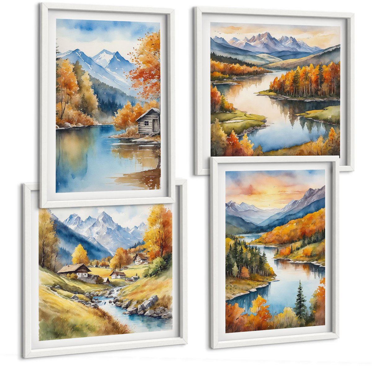 Wallfluent 4-Delige Schilderij Set - Herfstlandschap In De Bergen Met Een Rivier En Een Huisje Aan Het Water. - 40 x 40 En 40 x 60 - Decoratieve Schilderijen - Woonkamer - Interieur - Moderne Wanddecoratie