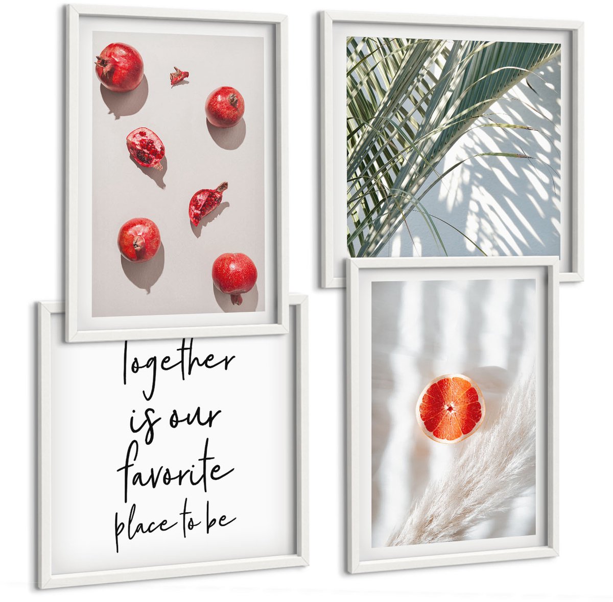Wallfluent 4-Delige Schilderij Set - Vakantie Tropische Vruchten Palmbladeren Belettering - 40 x 40 En 40 x 60 - Wanddecoratie - Schilderijen Set - Interieur - Moderne Wanddecoratie