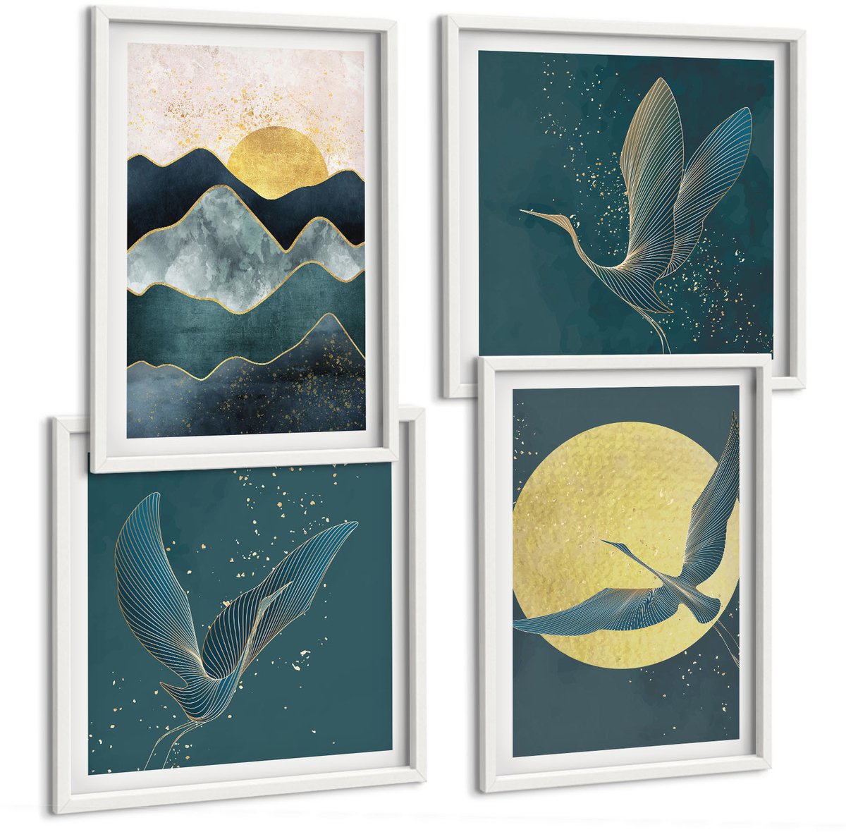 Wallfluent 4-Delige Schilderij Set - Vogels, Kraanvogels In Vlucht, Maan, Sterren En Berglandschap - 40 x 40 En 40 x 60 - Muurdecoratie - Wanddecoratie - Hal - Stijlvolle Muurdecoratie
