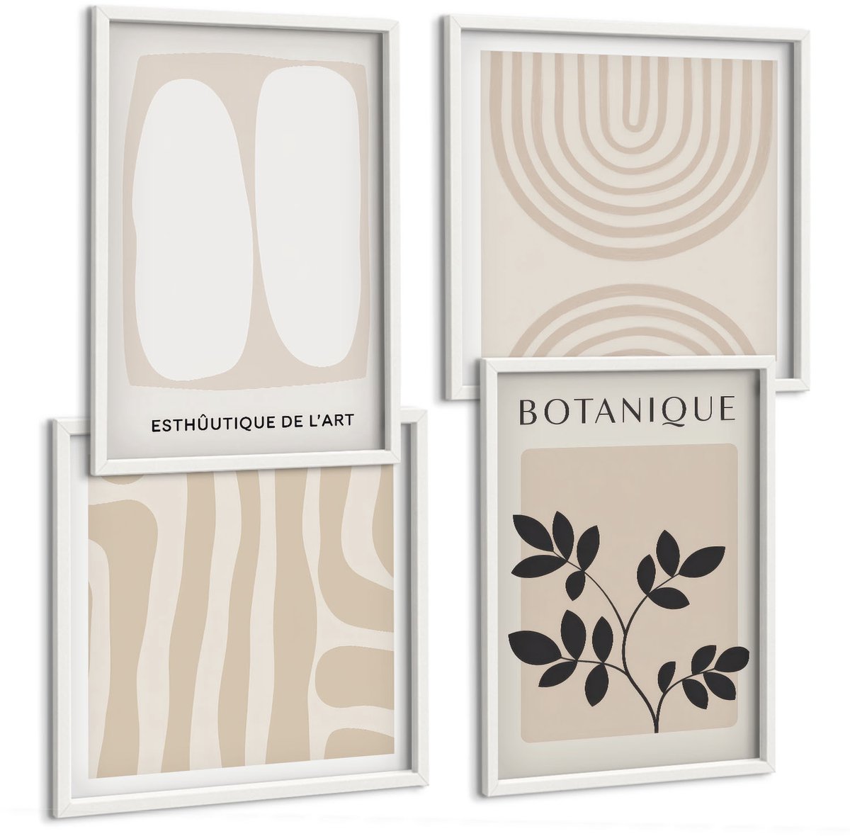 Wallfluent 4-Delige Schilderij Set - Boho Delicate Posters Abstracte Plantenmotieven - 40 x 40 En 40 x 60 - Wanddecoratie - Schilderijen Set - Kantoor