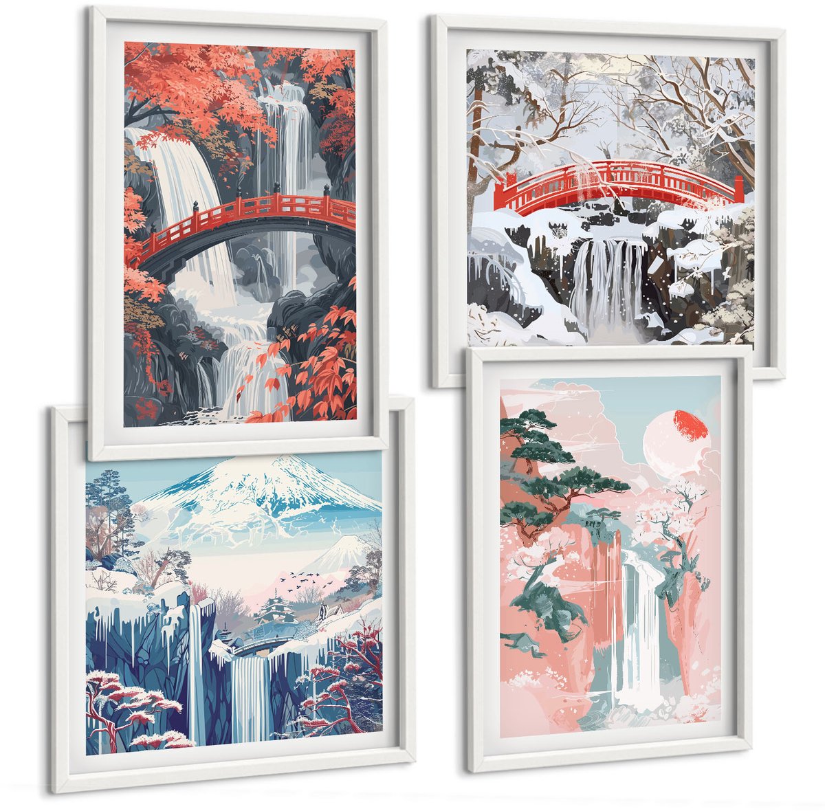 Wallfluent 4-Delige Schilderij Set - Watervallen In Verschillende Seizoenen Met Bruggen En Bomen. - 40 x 40 En 40 x 60 - Wanddecoratie - Muurdecoratie - Woonkamer - Decoratieve Schilderijen