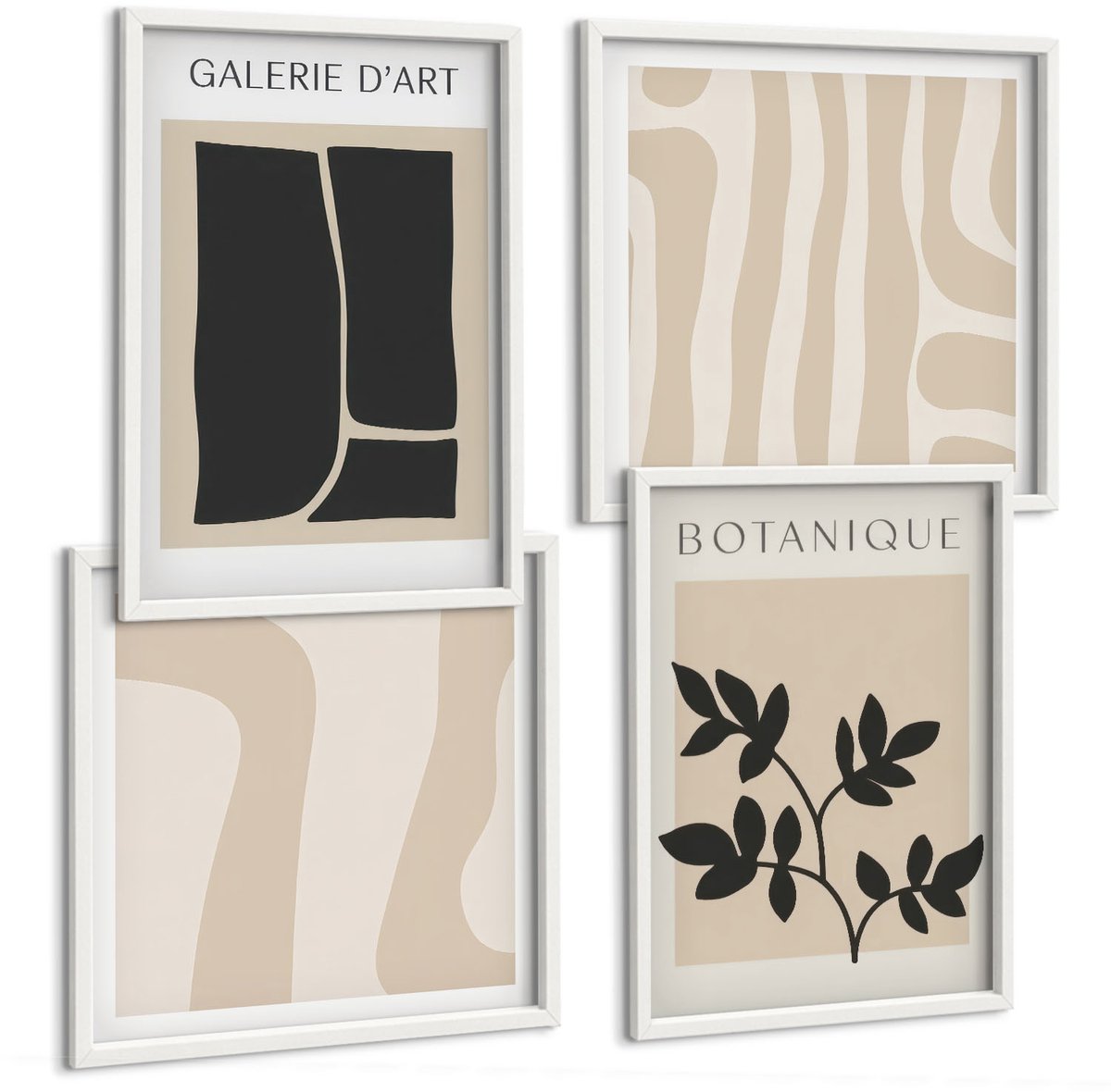Wallfluent 4-Delige Schilderij Set - Abstracte Vormen En Plantmotieven In Neutrale Tinten. - 40 x 40 En 40 x 60 - Muurdecoratie - Wanddecoratie - Hal