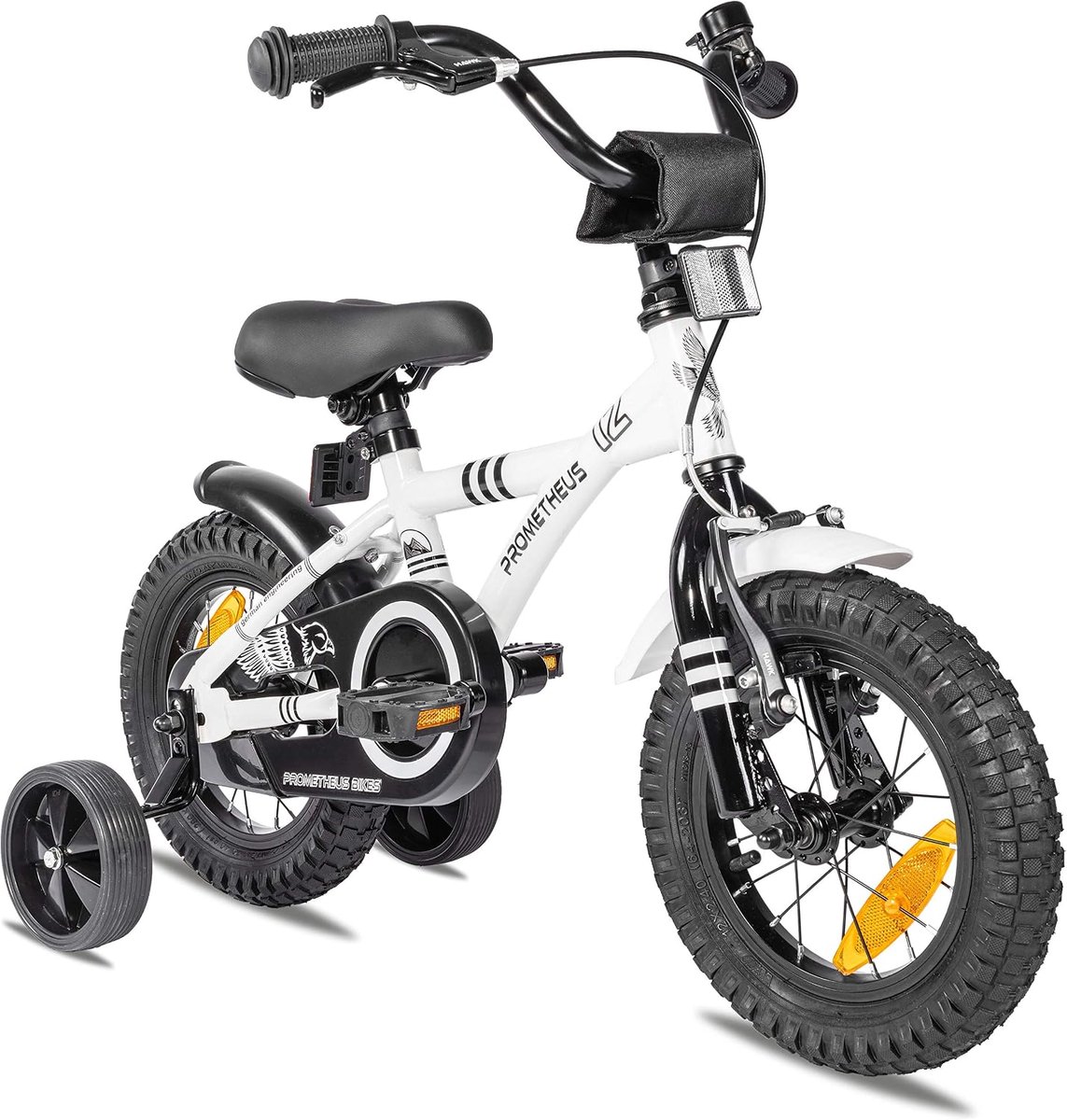 PROMETHEUS BICYCLES kinderfiets 12 inch fiets van 3 jaar met zijwieltjes terugtraprem in wit BMX