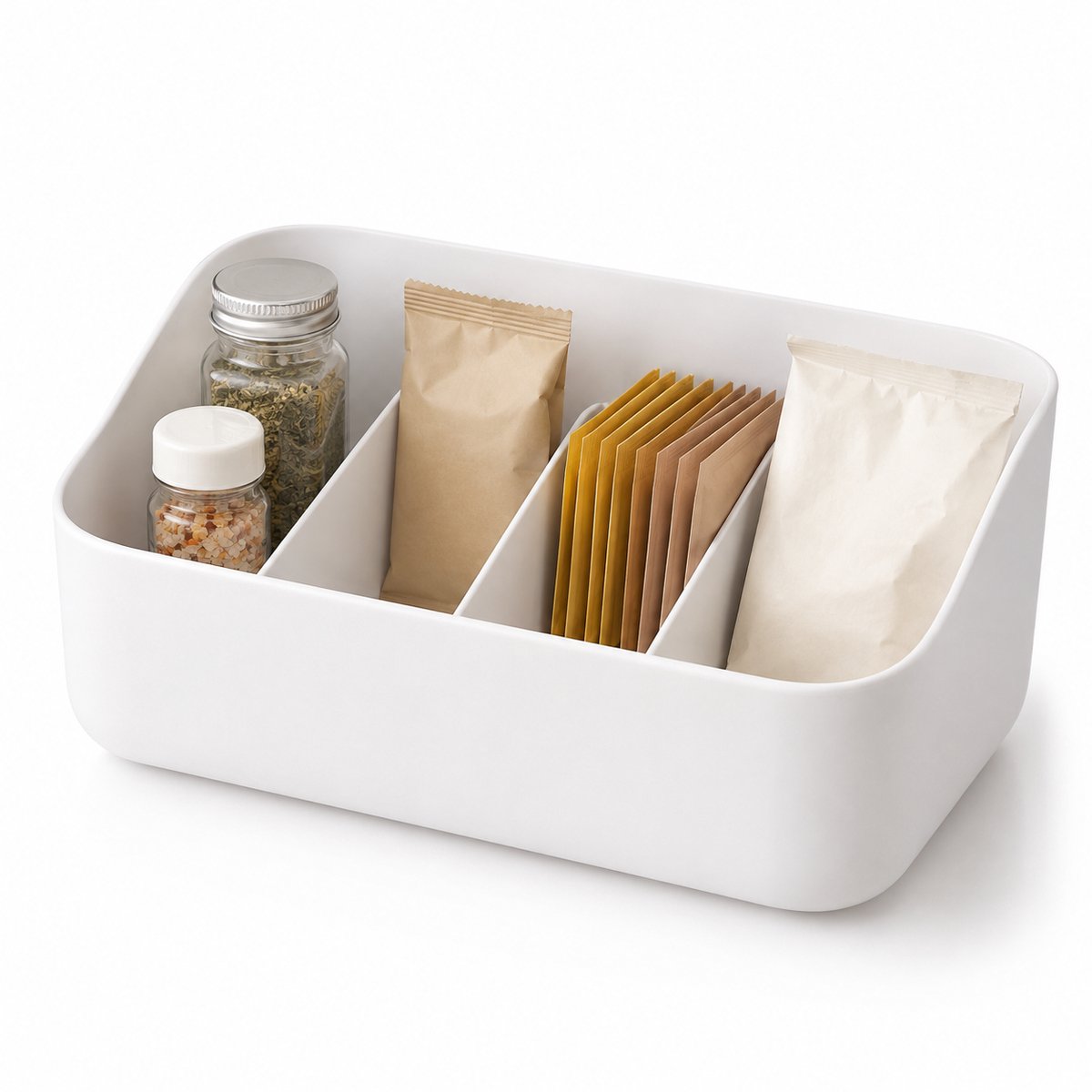 Bobypet - Kruidenrek - Organizer voor kruidenpotjes met 4 vakken - Opbergdoos voor kruiden en specerijen - Voor keukenkast, lade, koelkast en voorraadkast - 26*15.5*11cm - Wit