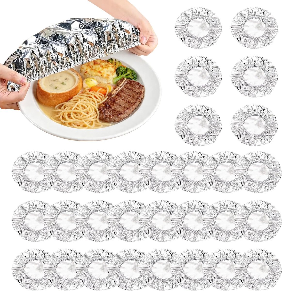 Bobypet - Voedselafdekhoesjes - Aluminium afdekfolie hoesjes - 30 stuks - Herbruikbaar en elastisch - Voor het afdekken van schalen en kommen - Thuis, feestjes en picknicks - 20cm - Zilver