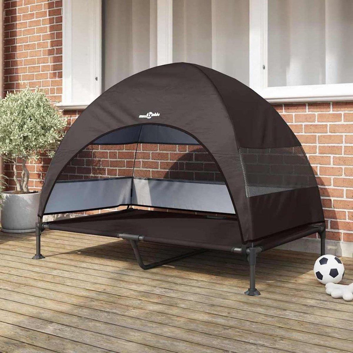 Verhoogd hondenbed - Huisdierenbank hondensofa - Buiten ontspannen - Afneembaar dak - XL 81x127cm - Bruin