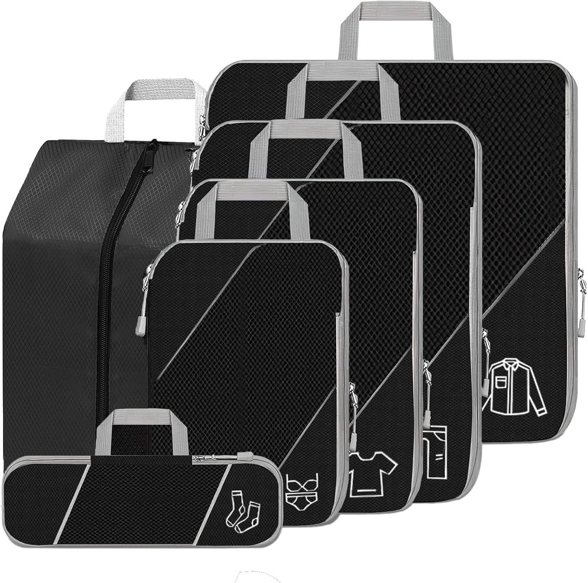 Compressiezakken voor Koffers en Rugzakken, 8 Stuks Zwarte Inpak Cubes, Reisorganizer en Kofferorganisatie Accessoires