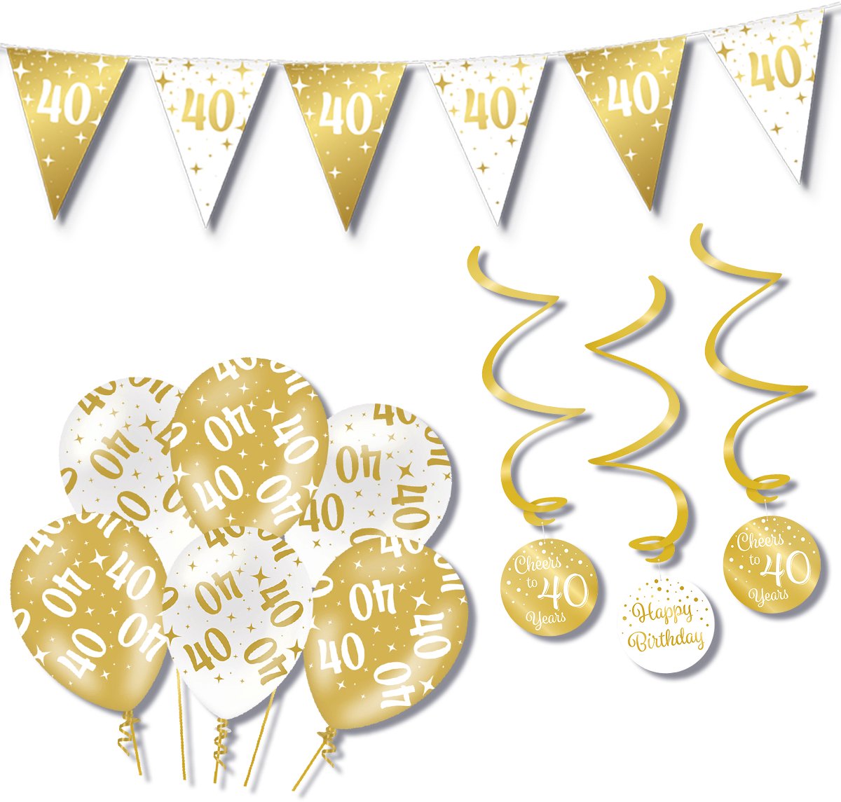 BTH – Verjaardag 40 Jaar – Wit-Goud – Verjaardag Set – Ballonnen-Swirls-Vlaggenlijn – Alles-in-1 – Decoratie Pakket