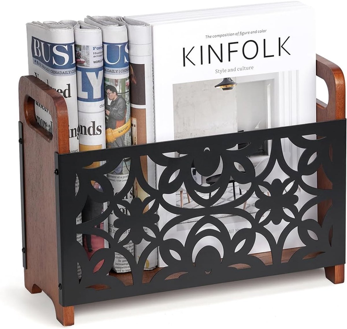 Houten tijdschriftenstandaard en krantenhouder, robuust en duurzaam, opbergmand voor kantoor en thuis, 33 x 24 x 13 cm, stijlvol en praktisch