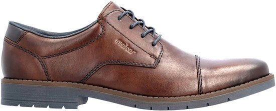 Bruine leren veterschoen met donkerblauwe bies en grijze zool. De schoen heeft Rieker op de zijkant.