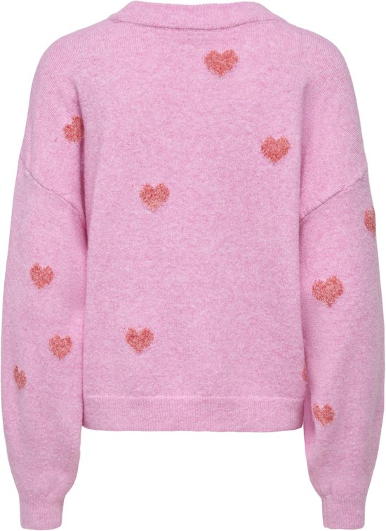 Achterkant roze trui met rode hartjesprint, lange mouwen en ronde hals.