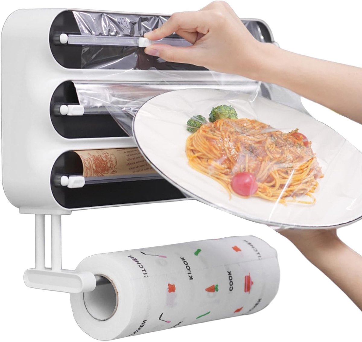 Dispenser voor Levensmiddelen - Wit - 37 x 27,5 x 8 cm - 4-in-1 Foliedispenser met Magnetische Bevestiging - Voor de Keuken