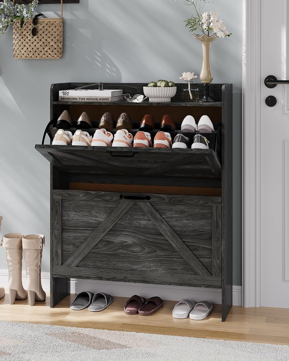 Moderne schoenenkast met 2 inklapbare deuren – Compacte kast voor hal/entree - Capaciteit 12-16 paar – Verstelbare planken – Metalen poten – Diepte 23,5 cm –Zwart