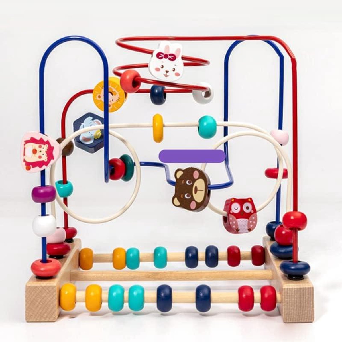 Houten Kralen Doolhof - Baby Achtbaan - Motorische Ontwikkeling - Dierlijk Patroon - 24 x 24 x 15 cm - Multicolor