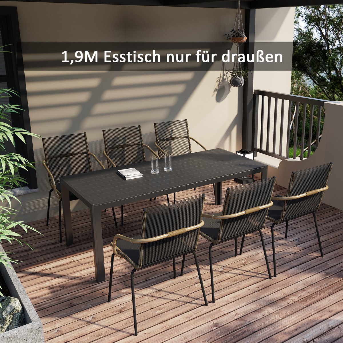 Tuintafel - kunststof - 190 x 84 - 5 x 72 cm - weerbestendig - houtlook - houtstructuur - antislip - buffettafel - campingtafel - balkontafel - terrastafel - eettafel voor buiten in de tuin of op het balkon - zwart