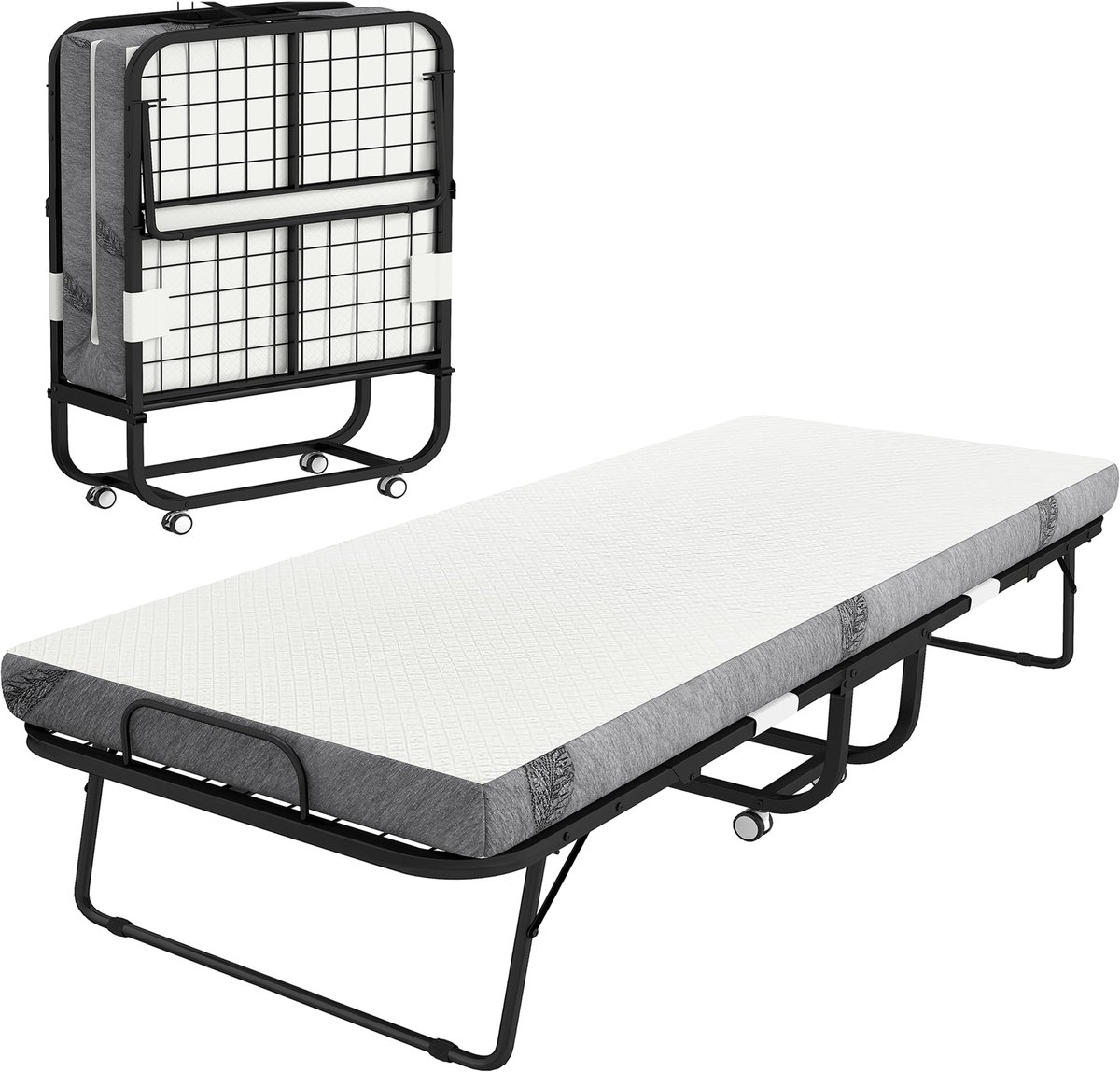 Gastenbed - opklapbed - reisbed op wielen - matras - staal - wit+zwart