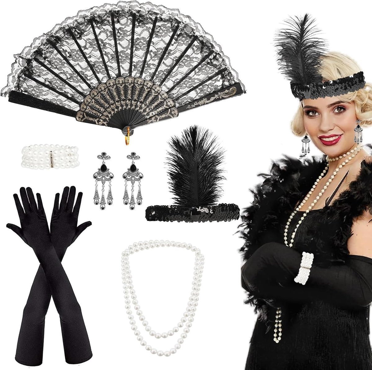 Elegante 1920s Kostuumaccessoires voor Vrouwen, Inclusief Hoofdbanden, Handschoenen en Sieraden voor Feest en Carnaval