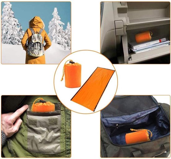 Nood slaapzak - Overlevingsdeken - Buiten avonturen - Houdt 90% warmte vast - 213 cm lang - Oranje — afbeelding 5