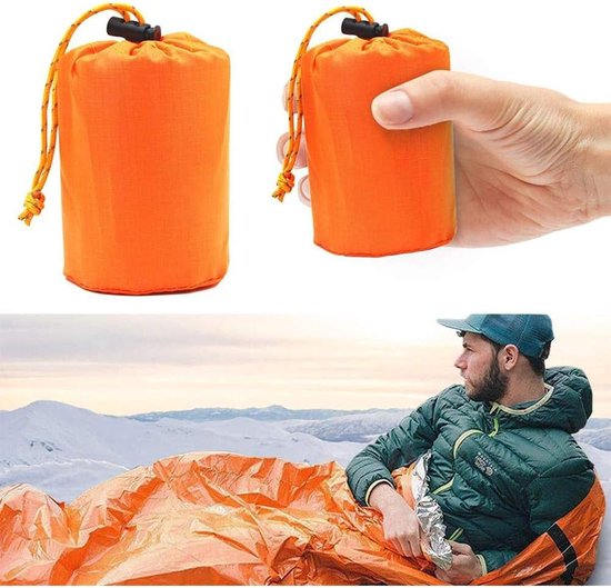 Nood slaapzak - Overlevingsdeken - Buiten avonturen - Houdt 90% warmte vast - 213 cm lang - Oranje — afbeelding 4