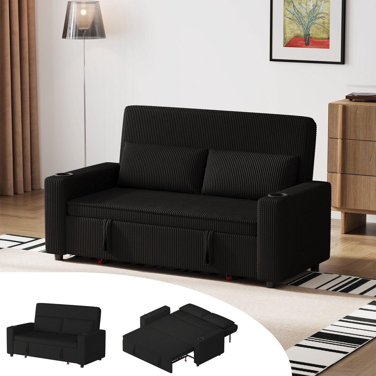Devoko compacte uitschuifbare slaapbank 141,5 x 118,5 x 55,5 cm - ruimtebesparend, ribfluwelen bekleding - Donkerblauw